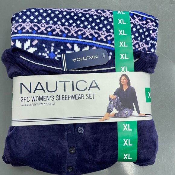 NEW Nautica Women's XL 2Pc Sleepwear Silky Stretch Fleece Blue Fair Isle - Picture 2 of 6